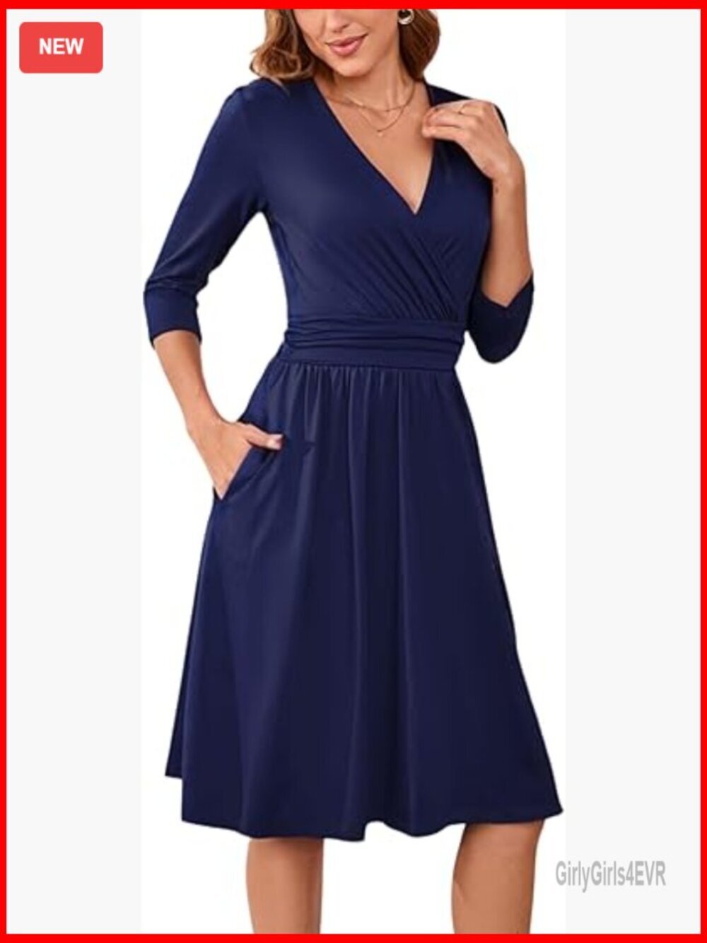 Vintage Wrap V-Neck 3/4 Sleeve Fit and Flare Midi Dress